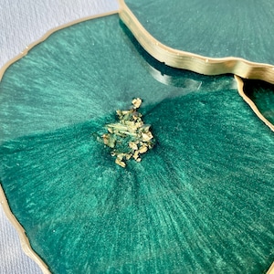 Resin coaster set geode agate Emerald green coasters w gold accents great housewarming, teacher, realtor gift image 7