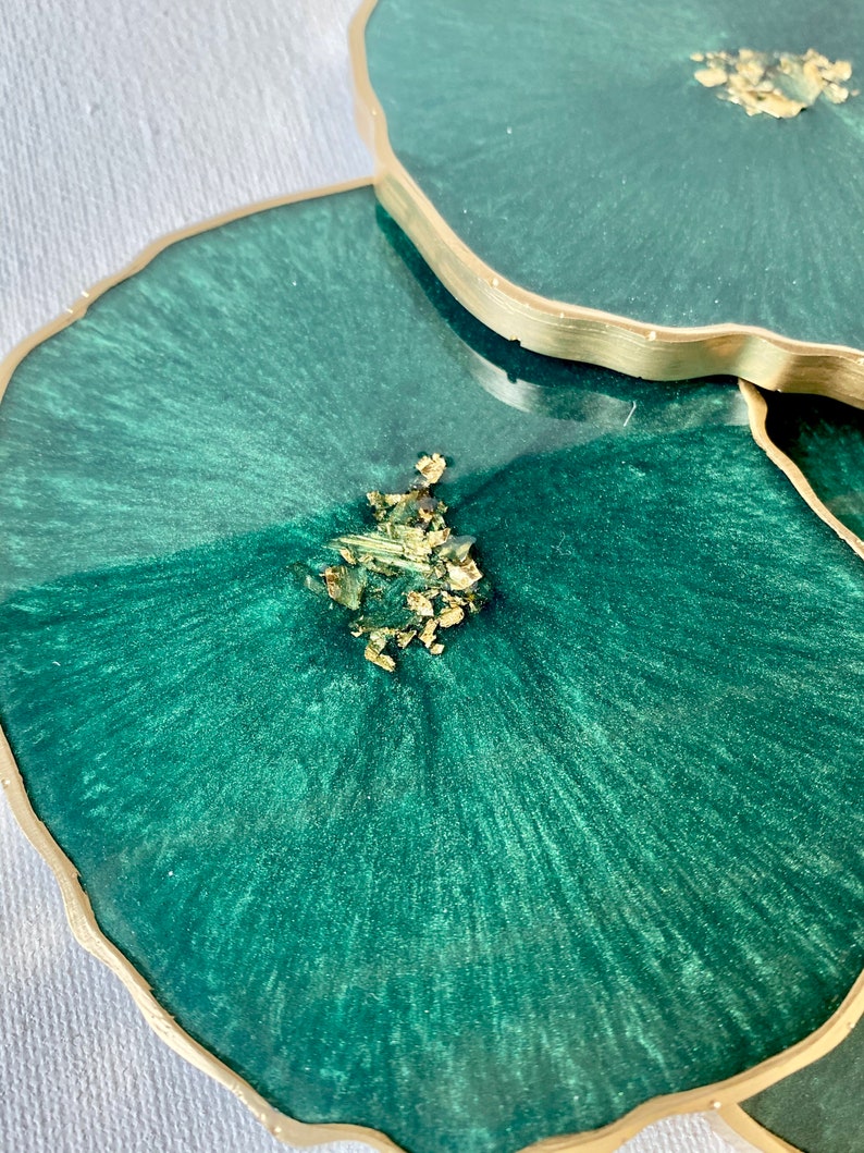 Resin coaster set geode agate Emerald green coasters w gold accents great housewarming, teacher, realtor gift image 7