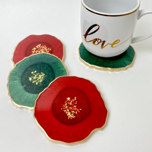 Modern Christmas coasters, red and green resin coaster set with gold accents. Great hostess gift