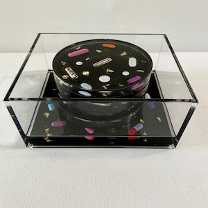 Real Pill black resin coasters with holder Smokey black with sparkles! 6”x5” nurse or pharmacy tech gift, 4 coasters with holder