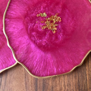 Pink Resin geode agate Coasters Set, Magenta pink with gold accents. Great Mothers Day gift image 8