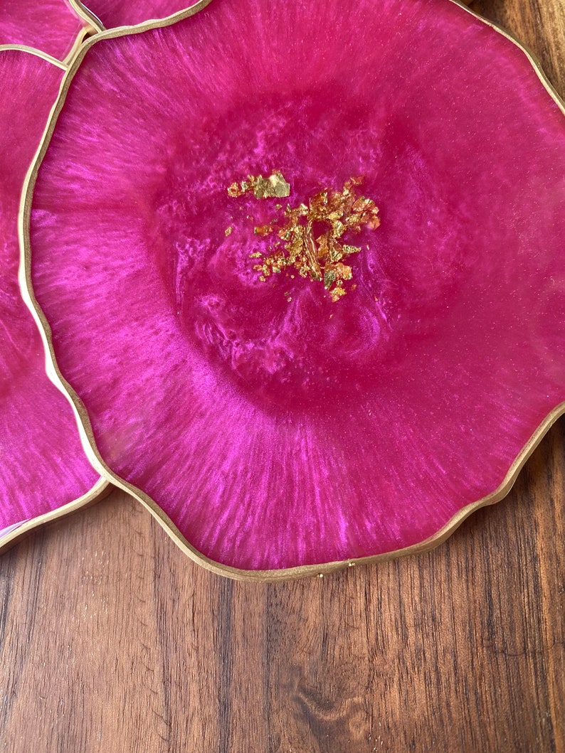 Pink Resin geode agate Coasters Set, Magenta pink with gold accents. Great Mothers Day gift image 8