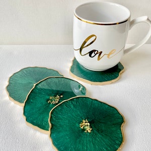 Resin coaster set- geode agate Emerald green coasters w gold accents - great housewarming, teacher, realtor gift