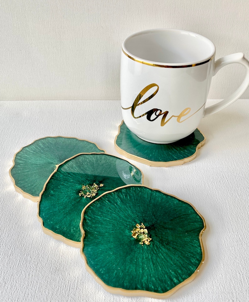 Resin coaster set geode agate Emerald green coasters w gold accents great housewarming, teacher, realtor gift image 1