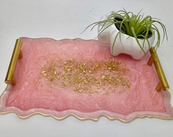 Dekorativ serveringsbricka i geodagat, rosa och guldfärgat harts med moderna guldhandtag, 11,5x7,5 ANPASSADE färger tillgängliga