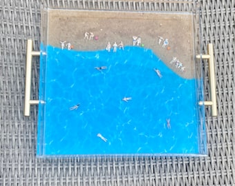 X Large decorative acrylic resin serving tray w beach, ocean, pool swimmers, functional pop art, beach lake house gift 12x12