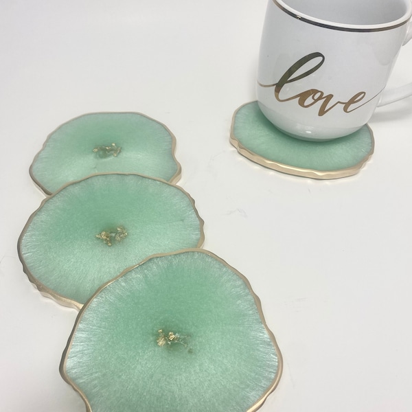 Resin coaster set- geode agate Mint green coasters w gold accents - great housewarming, teacher, realtor gift. Easter spring modern decor