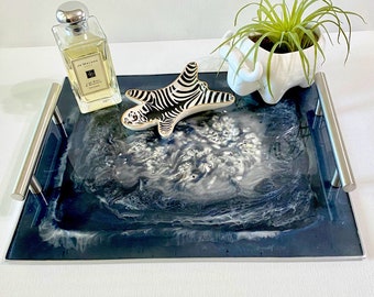 Geode DARK Navy blue resin decorative serving tray with modern silver bar handles, large 12x10”