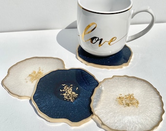 Resin coaster set, DARK navy and white Geode Agate Moonstone white w gold accents  Epoxy Coasters, housewarming/realtor gift ideas.