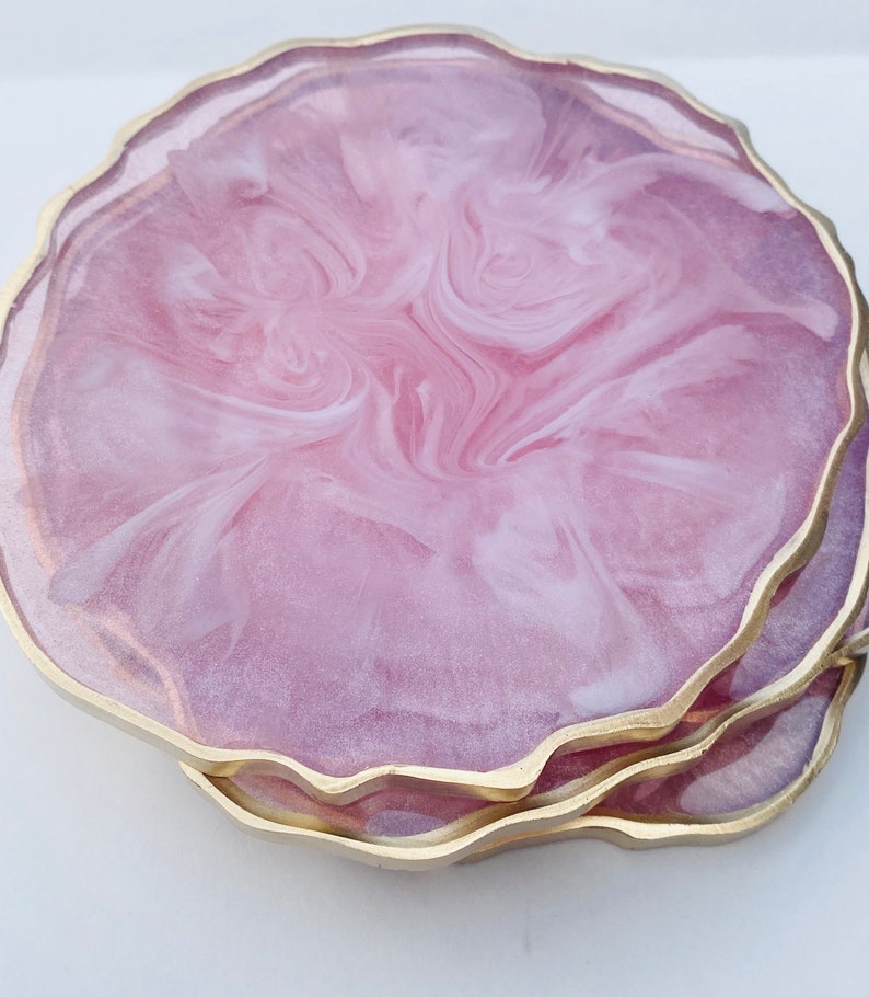 Resin coaster set pink and White marble look Geode Agate Epoxy Coasters, great housewarming gifts. Easter spring modern home decor. image 8
