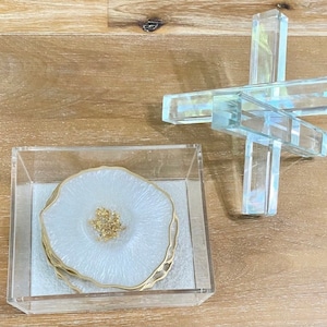 Resin coaster set-4 White geode coasters and holder w gold accents -Large size custom agate coasters ! Housewarming, realtor gift ideas
