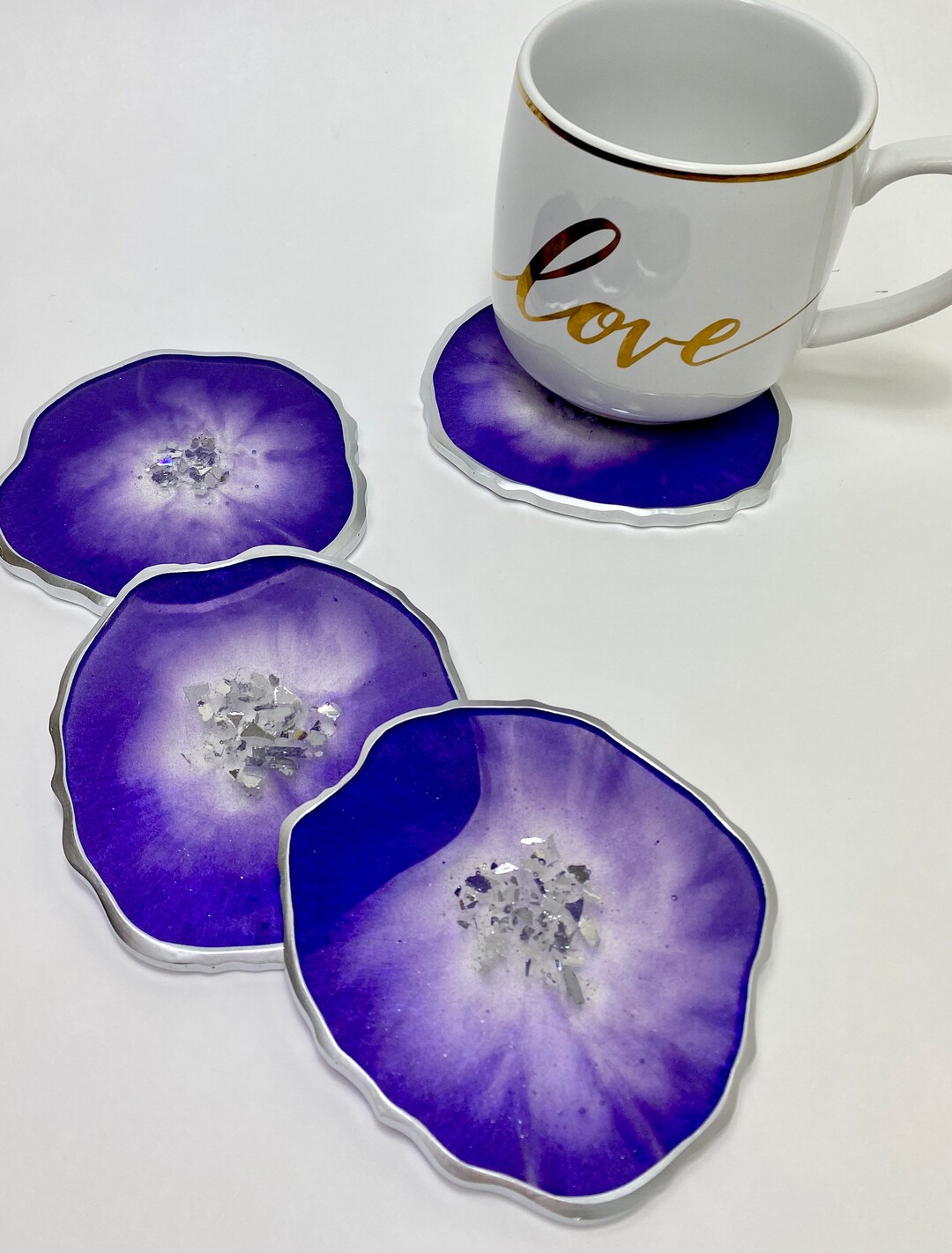 Resin Coaster Set- Geode Agate Amethyst Purple Coasters W Gold Accents ...