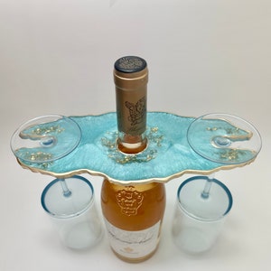 Geode żywiczny wino lub szampan butler, caddy. Turkus i złoto, minimalistyczny domek nad jeziorem, prezent na parapetówkę, miłośnik wina, pomysły na prezenty dla agentów nieruchomości