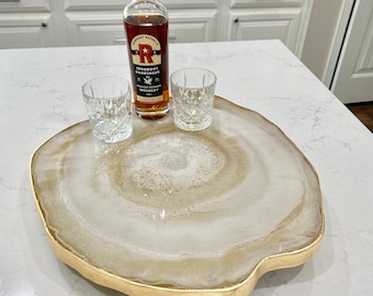 Huge luxury resin lazy Susan turntable centerpiece, resin geode agate table top serving decor. moonstone white with gold accents, great gift