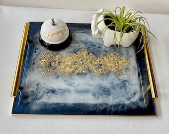 Geode agate DARK Navy blue and white resin decorative serving tray with modern gold bar handles, 12x10” great housewarming, realtor gift