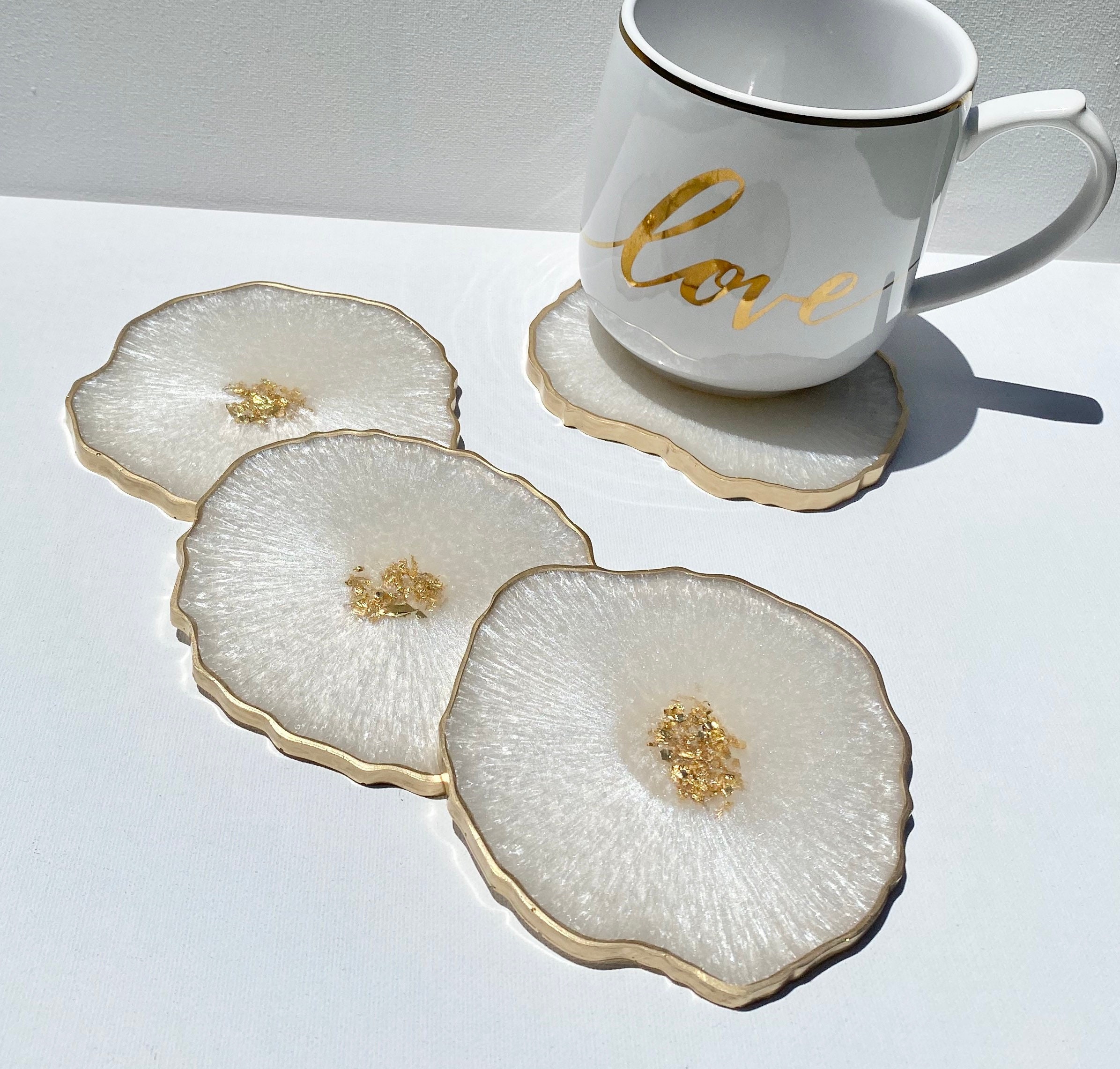Moonstone White Geode Resin Coasters, Handmade Agate Epoxy Coasters, large size  - great housewarming, teacher, birthday gift