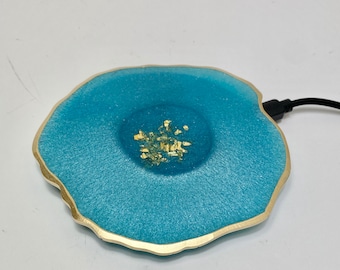 wireless charger pad, Turquoise w gold Geode agate resin. PHONE 8 and newer, Note, Pods, All colors available.