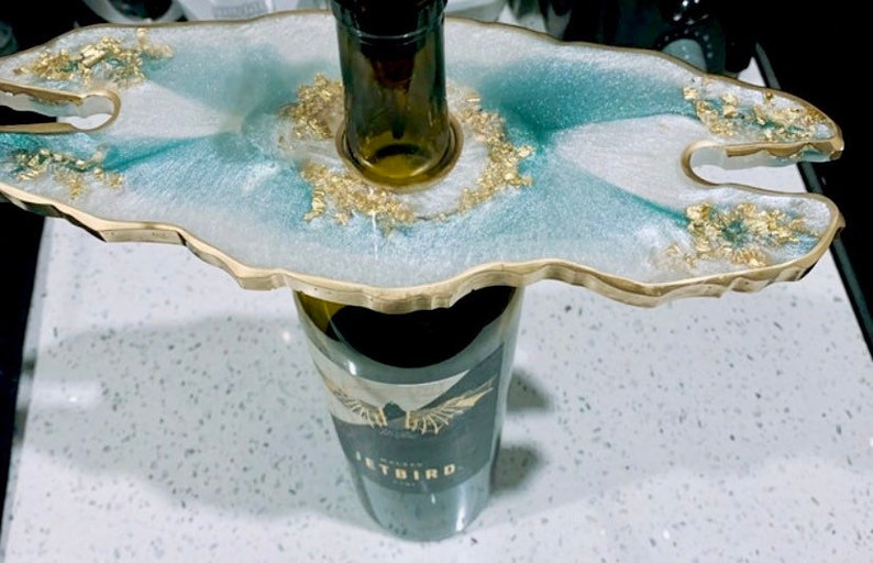 Geode resin wine or champagne butler, caddy. Moonstone with emerald. Bottle holder, housewarming gift, wine lover, realtor gift ideas image 3