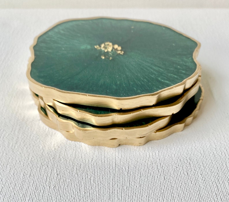 Resin coaster set geode agate Emerald green coasters w gold accents great housewarming, teacher, realtor gift image 6