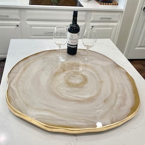X large 25” luxury resin lazy Susan turntable centerpiece, resin geode agate table top, moonstone white with gold accent