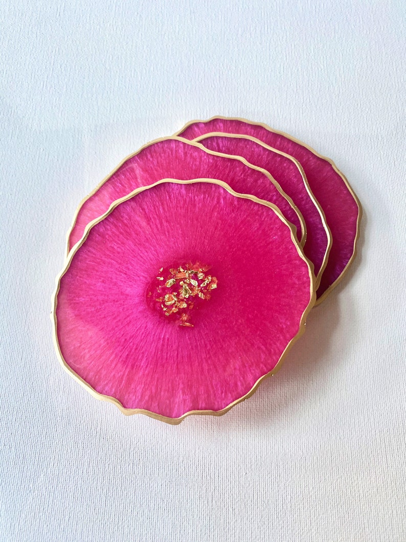 Pink Resin geode agate Coasters Set, Magenta pink with gold accents. Great Mothers Day gift image 4