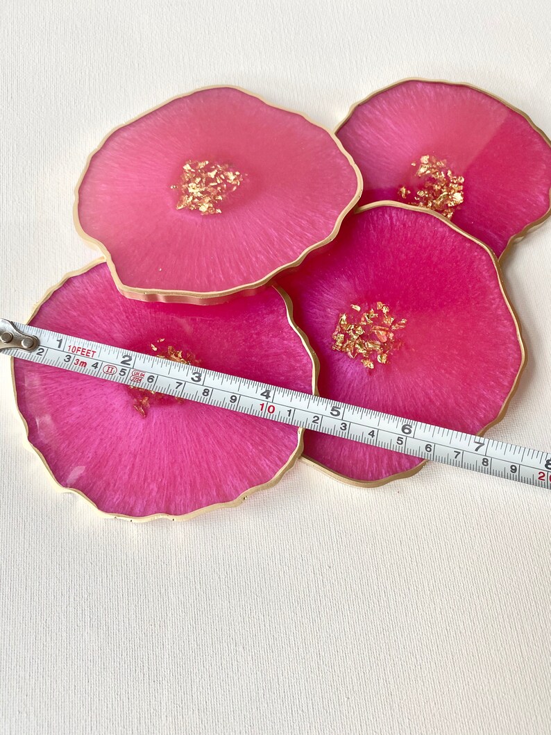 Pink Resin geode agate Coasters Set, Magenta pink with gold accents. Great Mothers Day gift image 5