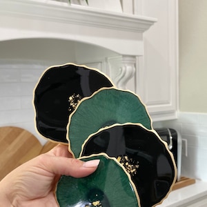 Emerald green and black with gold geode Resin Coasters Set of 4