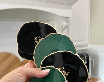Emerald green and black with gold geode Resin Coasters Set of 4