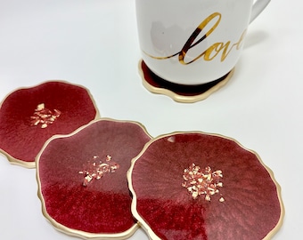 Resin coaster set- geode agate berry  burgundy maroon  coasters w gold accents - great housewarming, teacher, realtor gift