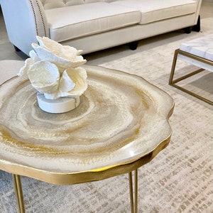 Luxury Resin geode accent end table. Moonstone white and gold agate style decorative table with gold hairpin legs. Custom colors available