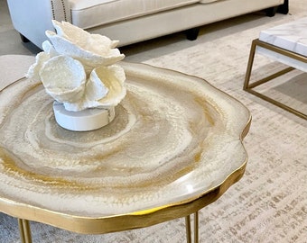 Luxury Resin geode accent end table. Moonstone white and gold agate style decorative table with gold hairpin legs. Custom colors available