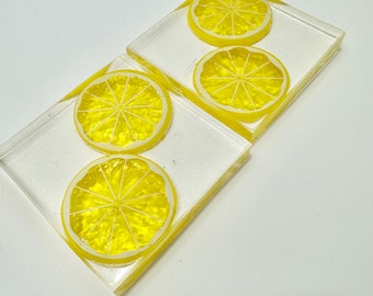 Clear resin w 3d lemon fruit slice coaster set. Great gift for lemon collectors. Bright and cheerful minimal home decor. Coffee, tea lover