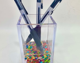 Unique acrylic sprinkle resin pen/pencil/makeup brush holder. fun gift for kids, teens, Funky home office organizer, great teacher gift