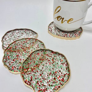 Christmas coasters, red and green bling resin coaster set with GOLD edges. Great hostess gift image 1