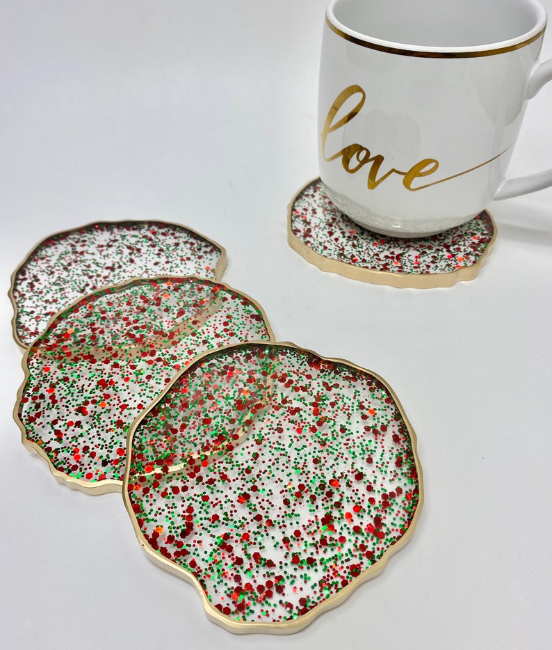 Christmas coasters, red and green bling resin coaster set with GOLD edges. Great hostess gift image 1