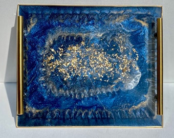Geode agate DARK Navy blue resin serving tray with modern gold bar handles, large 12x10” great housewarming, realtor gift