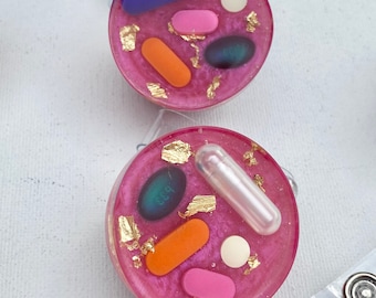 Pill badge reel, Nurse or pharmacy tech rx id real pill resin badge reel, pink