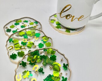 St Patrick’s Day decor coasters, shamrocks and leprechauns w/ gold flakes, holiday resin coaster set with GOLD edges