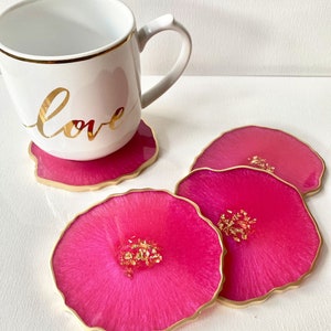 Pink Resin geode agate Coasters Set, Magenta pink with gold accents. Great Mothers Day gift image 1