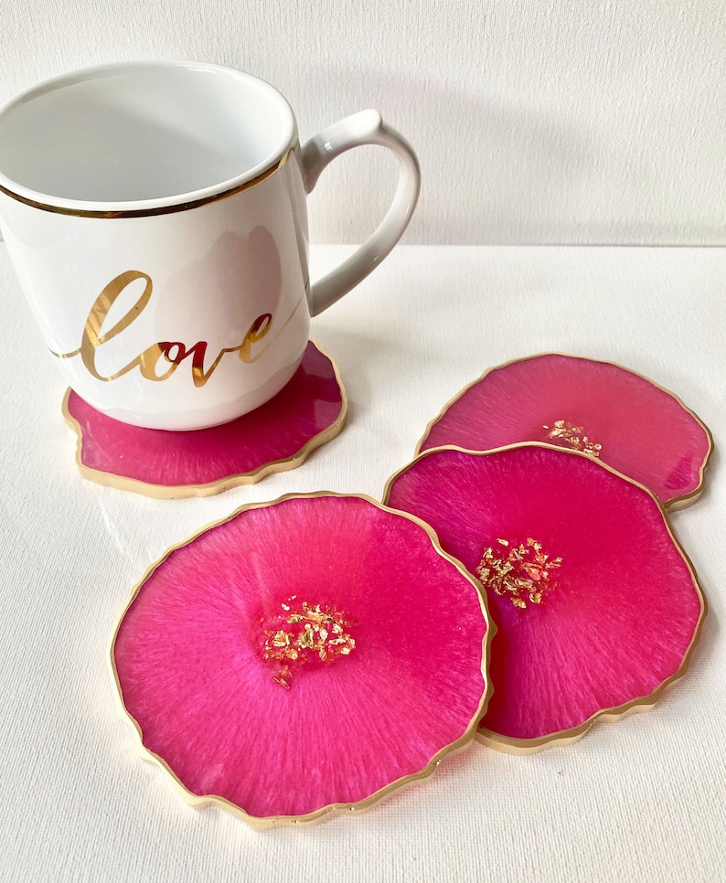Pink Resin geode agate Coasters Set, Magenta pink with gold accents. Great Mothers Day gift image 1