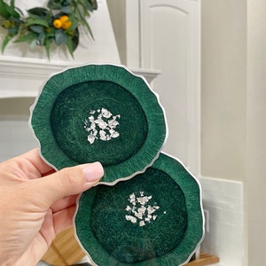 Emerald green resin geode agate Coasters- Deep emerald with silver accents - great housewarming, teacher, bridal, realtor gifts