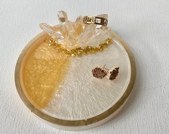 Crystal agate ring dish jewelry holder, resin moonstone white and gold with gold accents
