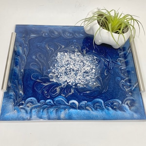 Geode Navy blue and silver resin decorative serving tray with modern silver bar handles, large 12x10”
