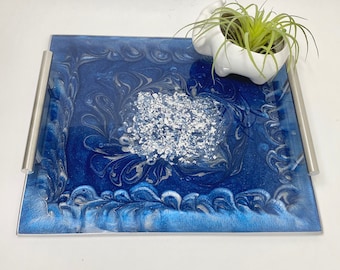 Geode Navy blue and silver resin decorative serving tray with modern silver bar handles, large 12x10”