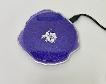 wireless charger pad, Purple silver Geode agate resin. PHONE 8 and newer,  Note, Pods, All colors available.