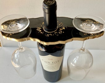 Geode resin wine or champagne butler, caddy.  Charcoal black Bottle holder, housewarming gift, wine lover, realtor gift ideas