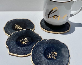 Resin coaster set- Charcoal Black and gold geode agate epoxy coasters, great housewarming, realtor or teacher gifts