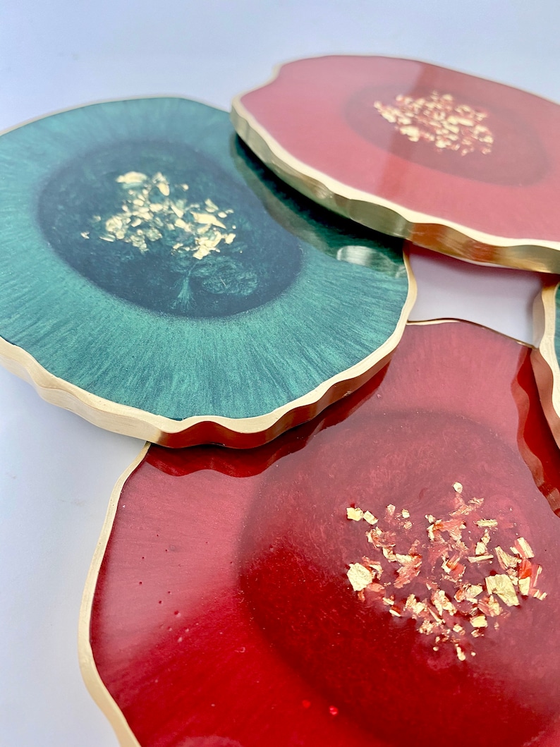 Christmas Coasters Red and Green Resin Coaster Set With Gold Etsy UK