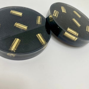 Bullet shell brass casing ammo Resin Coasters w black base. Art Deco Handmade Coasters 9mm. Great for Father’s Day, guy gift ideas