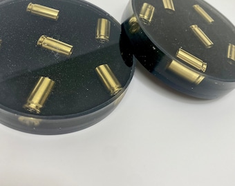 Bullet shell brass casing ammo Resin Coasters w black base. Art Deco Handmade Coasters 9mm. Great for Father’s Day, guy gift ideas